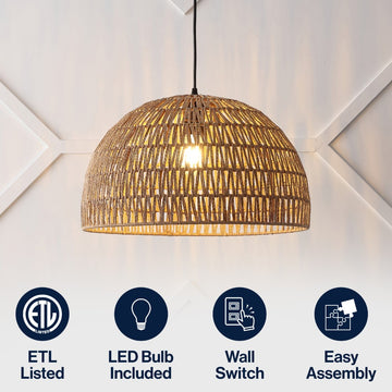 Campana 20" Bohemian Modern Woven Rattan/Iron LED Pendant